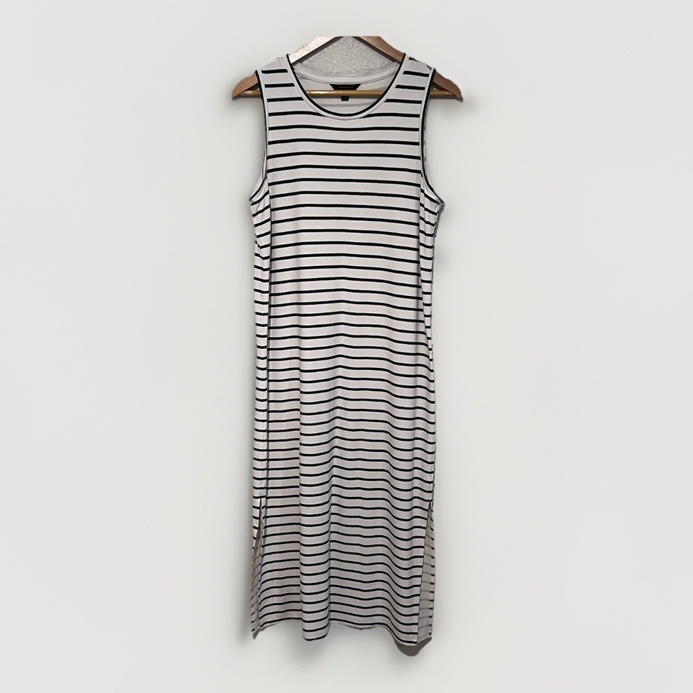 Banana Republic Striped Tank Midi Dress White Black‎ Sleeveless Scoop Neck L